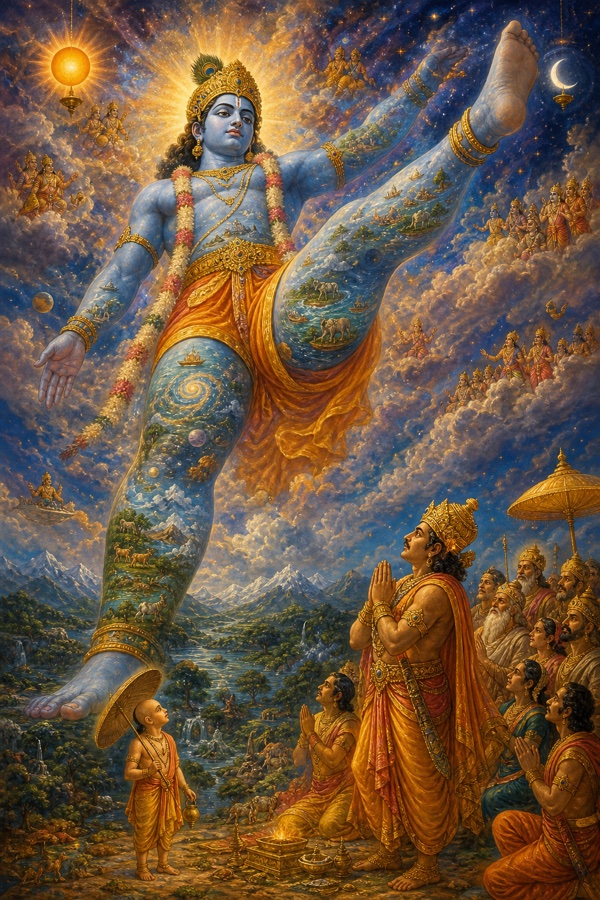 Rich painterly classical-Indian color illustration of Vamana's colossal cosmic Trivikrama form towering beyond the clouds, his body so vast that the sun and moon appear like two tiny lamps beside it; earth, sky, directions, heavens and oceans absorbed within him, one foot striding upward across the worlds, tiny awestruck Bali and his court below, radiant blue-bodied divine giant filling the sky.