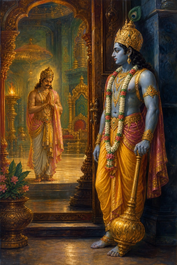 Rich painterly classical-Indian color illustration of Sri Hari, mace in hand, standing as devoted gatekeeper at King Bali's doorway in the realm of Sutala; the dark divine guardian with club keeps watch while Bali, now without a kingdom, stands humbled and content within, jewelled subterranean palace, warm protective glow, the Lord pledging to guard his devotee's door.