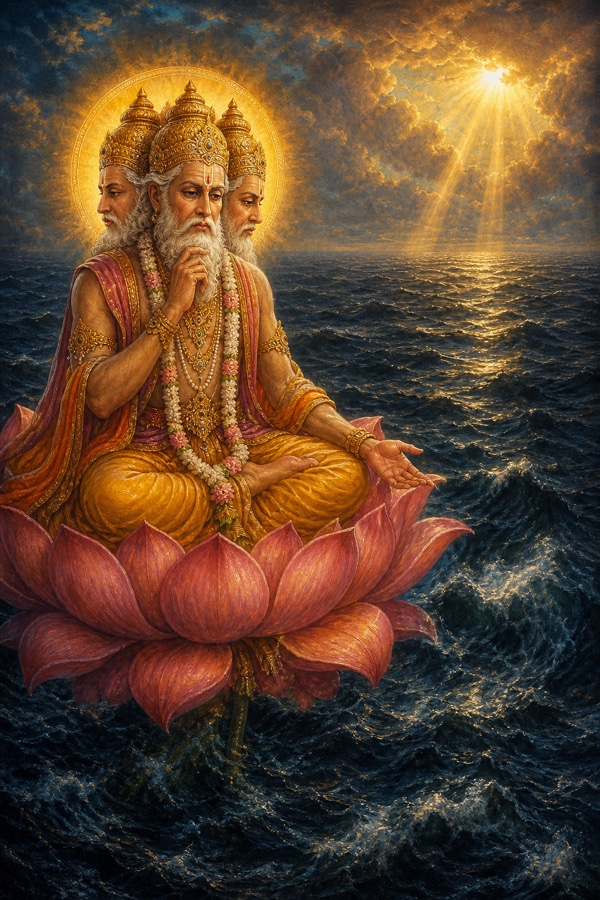 Four-faced Brahma, seated on his lotus in radiant cosmic creator's robes, gazes down with troubled wonder at a boundless dark deluge ocean stretching to the horizon; the earth is wholly submerged beneath the waters, only faint sunbeams resting on the water's surface unable to pierce below; classical Indian painterly color illustration, jewel tones, gold halo.