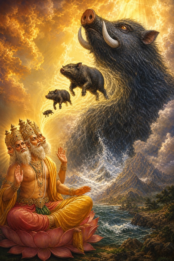 From four-faced Brahma's nostril emerges a tiny thumb-sized boar that rapidly swells, shown in mid-transformation growing from palm-size to elephant-size to a towering mountain-sized colossal Varaha touching the sky, body covered in dense black bristles, two gleaming white tusks, blazing fierce eyes; awestruck Brahma watches; classical Indian painterly color art, dramatic scale, golden light.