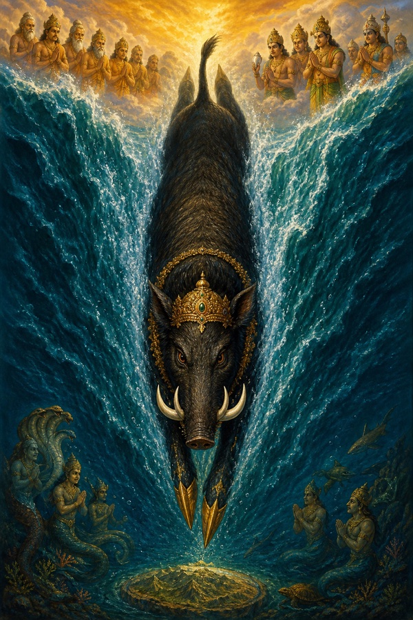 The colossal black-bristled Varaha with white tusks plunges arrow-straight downward into the cosmic ocean, the waters parting into two walls on either side as his sharp arrow-like hooves cleave the deep, diving toward the submerged earth at rasatala below; classical Indian painterly color illustration, deep blue-green water, foaming spray, dynamic descent, gold accents.