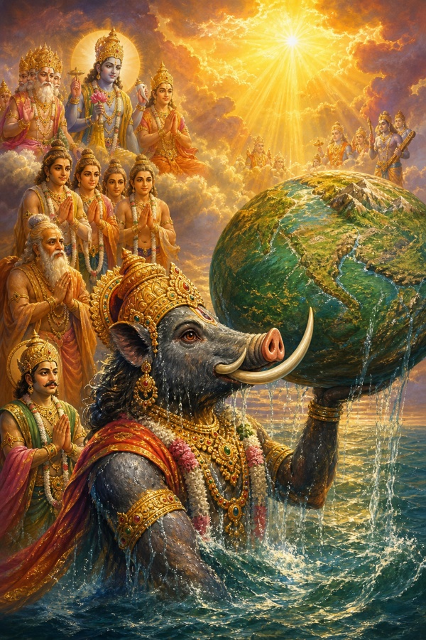 The mighty Varaha bursts up through the ocean surface bearing the round earth gently balanced on his two white tusks, lowering it tenderly onto the waters where sunbeams now reach the soil; gods and sages, Marichi and the Sanaka brothers and Svayambhuva Manu, stand with folded hands chanting Vedic praises; classical Indian painterly color art, triumphant golden dawn light, jewel tones.