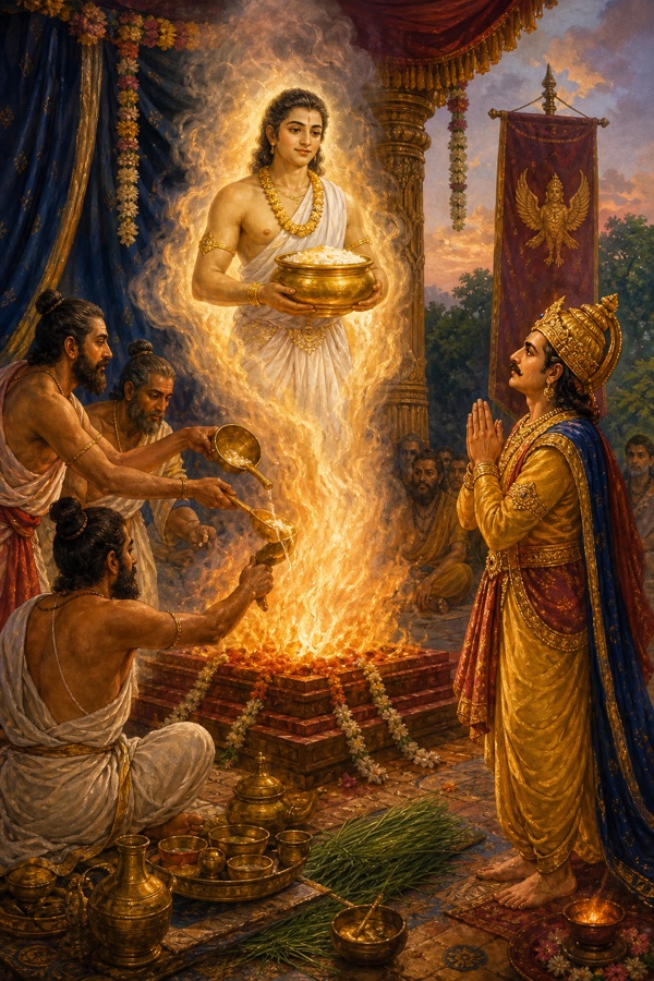 A rich painterly classical-Indian color illustration of King Anga's son-seeking sacrifice: ritvij priests pour the charu oblation into a blazing fire-altar honouring Vishnu, and from the flames a radiant golden being rises, wearing a golden necklace and pure white garments, holding a golden vessel of cooked kheer payasam; King Anga stands reverently nearby in a Vedic sacrificial pavilion, warm firelight and smoke, sacred grass and ghee vessels around the kunda.