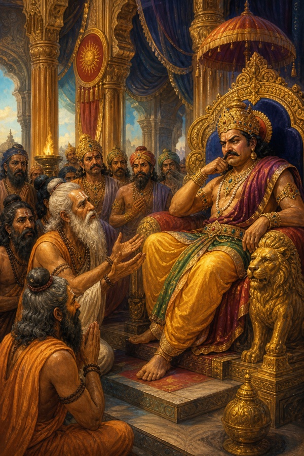 A rich painterly classical-Indian color illustration of the royal court: sages and rishis with matted hair and rudraksha, palms folded, gently and patiently counselling the proud King Vena who sits high on his throne, jewelled and haughty with a cold burning glare in his eyes; pillared sabha hall, courtiers watching uneasily, the elders pleading that a king is the protector of his people, not their master.