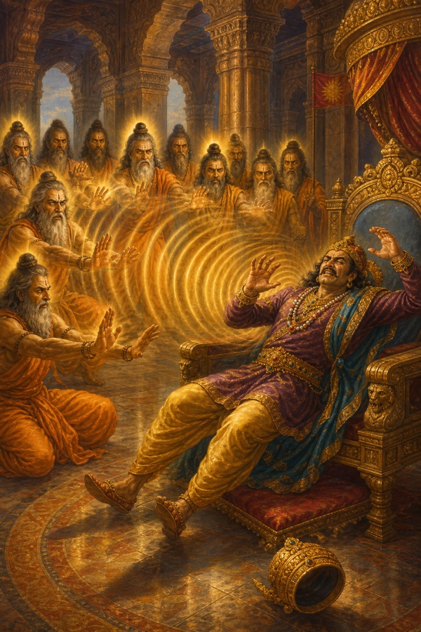 A rich painterly classical-Indian color illustration of the sages' wrath: a circle of enraged rishis, eyes blazing with tapas-power, uttering the single mantra-syllable 'Hum' so that visible vibrating sound-energy strikes the tyrant Vena, who trembles and collapses lifeless from his throne; the jewelled king falling backward, his crown rolling, in a charged pillared hall, the sages standing firm and luminous with spiritual fire.