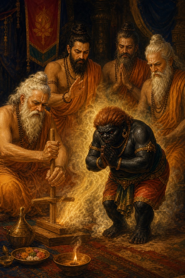 A rich painterly classical-Indian color illustration of the churning of Vena's thigh: sages churn the dead king's thigh as fire is drawn from arani sticks, and from it emerges a short dwarfish man, crow-black skin, very large arms, short legs, flat nose, red eyes, copper-coloured hair, bowing humbly with the same burning look once in Vena's eyes; Vena's preserved corpse lies before the gathered rishis, dim hall, somber tones.
