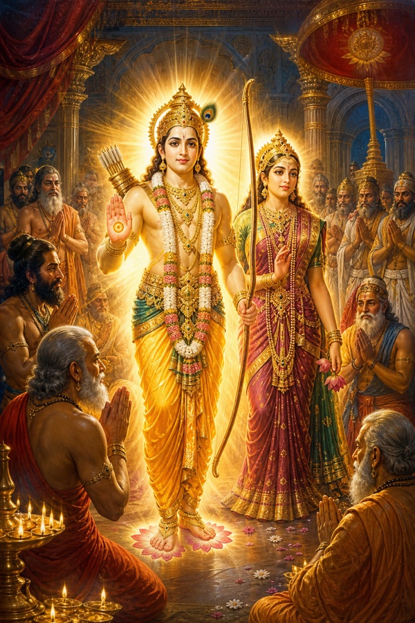 A rich painterly classical-Indian color illustration of the birth of Pritu and Archi from Vena's churned arms: a dazzling radiant hero, holding a bow and arrow, a discus-mark on his right palm and lotus-marks on his feet, stands glowing so brightly the court's lamps pale; beside him a lustrous bejewelled woman, his consort Archi, an amsa of Lakshmi; brahmavadi sages with folded hands, divine light filling the assembly.