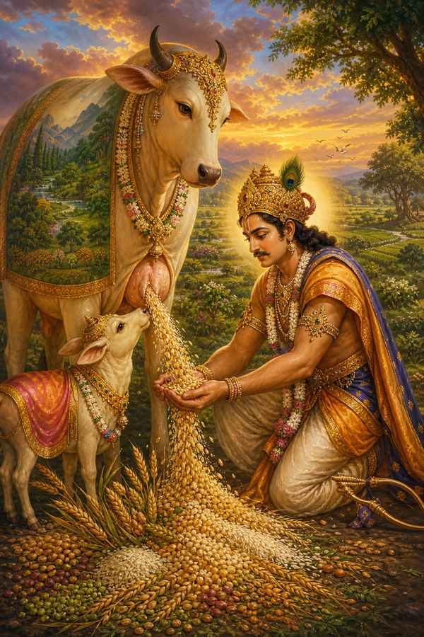 A rich painterly classical-Indian color illustration of Pritu milking the Earth: King Pritu, crowned and resplendent with bow set aside, milks the Earth who has taken the form of a gentle cow, using Svayambhuva Manu as the calf and his own cupped hands as the vessel; the streams that flow out are not milk but all kinds of grain, rice, wheat, barley and pulses, spilling golden onto the once-barren land that turns green, fertile fields renewing in the background.