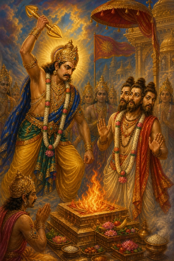 Rich painterly classical-Indian color illustration: the deva-king Indra, golden-crowned and many-jeweled with his vajra-bearing arm raised, severs in fury the three heads of the priest Vishvarupa, a three-headed brahmin in white dhoti who had been pouring ghee oblations at a yajna fire-altar; one of his three faces still tilts toward the side where unseen asuras received their secret share; smoke and sacred flames rise, golden swarga light, deep blues and crimsons.