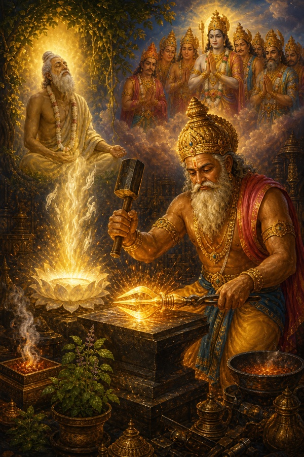 Rich painterly classical-Indian color illustration: the divine architect Vishvakarma at a glowing celestial forge hammering the radiant thunderbolt vajra out of the white ascetic bones of the seated sage Dadhichi, who has just left his body in yoga (serene corpse in lotus posture, tulsi and havan smoke nearby); sparks and golden light, Indra waiting to receive the weapon, warm forge oranges against cool ashram greens.