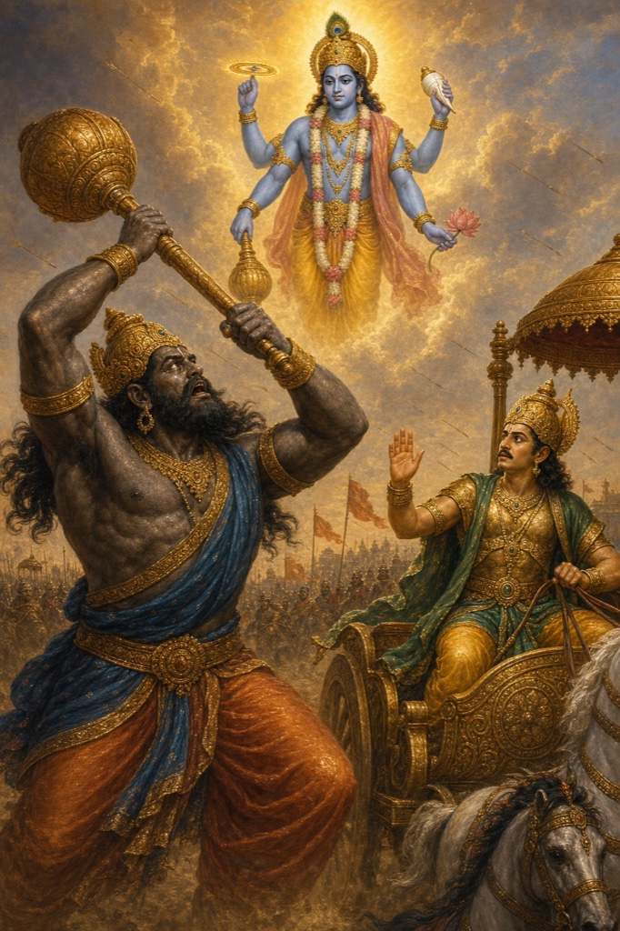 Rich painterly classical-Indian color illustration: the towering demon Vritrasura on the battlefield, wounded and bleeding yet calm, swinging his weapon while his lips part in inward prayer (Narayana, Vasudeva, Hari) and his eyes look far away in devotion; Indra opposite him pauses, startled to hear a rakshasa chanting Hari's names; sky thick with arrows and dust dimming the sun, clashing maces, devas and asuras watching breathless, deep battle-reds and dusty golds.