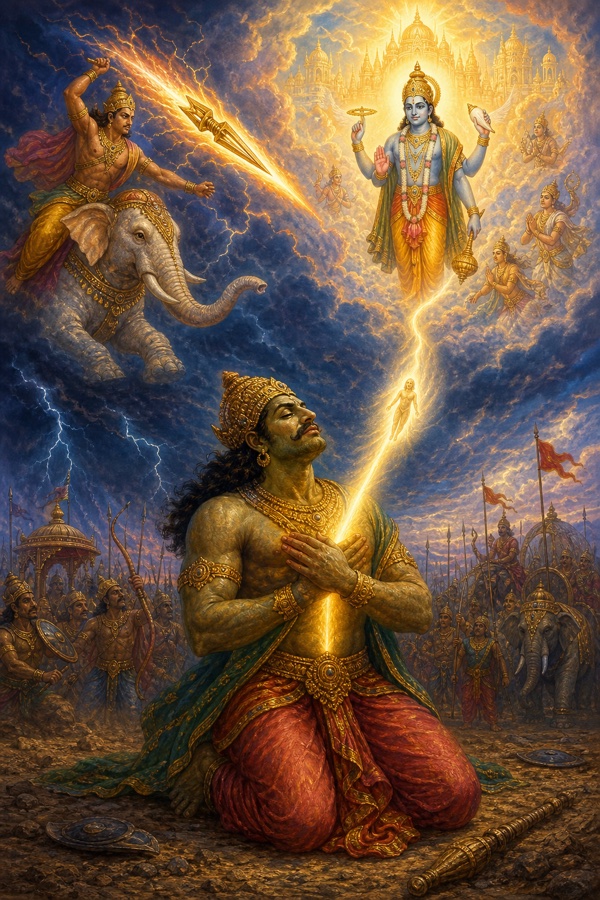 Rich painterly classical-Indian color illustration: Indra hurls the blazing vajra and the fallen body of the demon Vritrasura lies on the battlefield, while from within it a single luminous soul-light streams upward straight and unwavering toward the abode of Sri Hari (four-armed Vishnu welcoming in a distant glow of Vaikuntha); the demon's face peaceful with closed eyes, radiant gold and white light against twilight battle-blues.