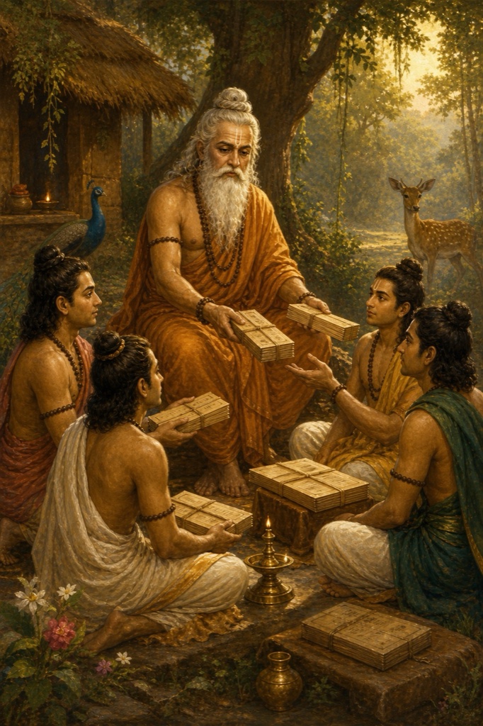 Sage Vyasa, dark-complexioned ascetic with matted hair and beard in ochre robes, seated in a forest hermitage handing four bound palm-leaf Veda bundles to four disciples kneeling before him, labelled by posture as Paila, Jaimini, Vaishampayana and Sumantu, a fifth manuscript of Itihasa-Purana set aside for Romaharshana; rich painterly classical Indian color illustration, golden ashram light, no Mahabharata battle imagery