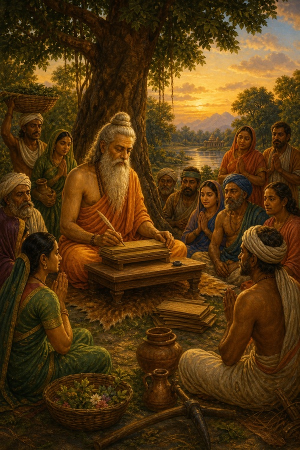 Vyasa seated cross-legged at a low writing desk composing the Mahabharata on palm leaves, while around him gather attentive ordinary folk excluded from Vedic study, women and laborers listening with folded hands; warm compassionate scene, classical Indian color painting, soft amber tones, the sage's face tender and absorbed