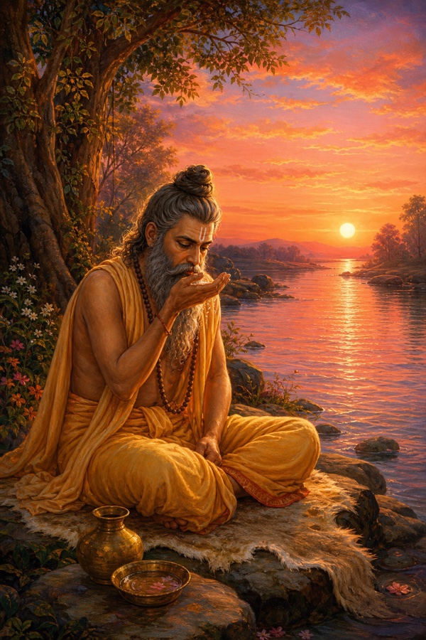Vyasa sitting alone on the pure bank of the Sarasvati river at dawn, the rising sun spreading red light across the rippling water, having just sipped water in achaman; a solitary clean meditation spot, yet his face shadowed with unrest; serene yet melancholic classical Indian color illustration, rose and gold sunrise palette