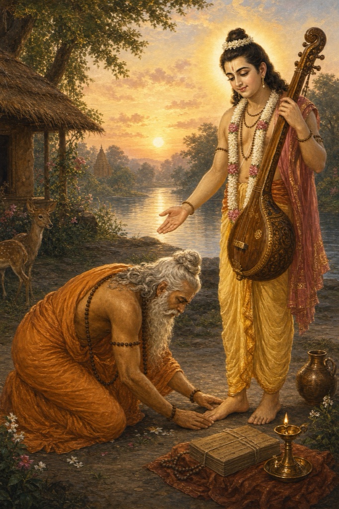 Vyasa rising suddenly to honor the divine sage Narada who arrives carrying a veena; Vyasa offers a seat and bows at Narada's feet with lowered eyes like a humble disciple; Narada radiant and fair with a tuft of hair, holding the veena, a faint knowing smile; riverbank dawn setting, glowing painterly classical Indian color art