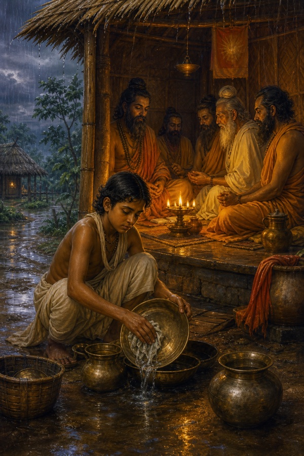 Narada's past-life memory: a small humble servant boy, son of a maidservant in a household of Vedic brahmins, quietly serving a group of yogis during the four monsoon months, scrubbing vessels and carrying water, eyes downcast and devoted; rainy season hut, muddy paths outside, soft monsoon greys and warm lamplight; classical Indian color illustration