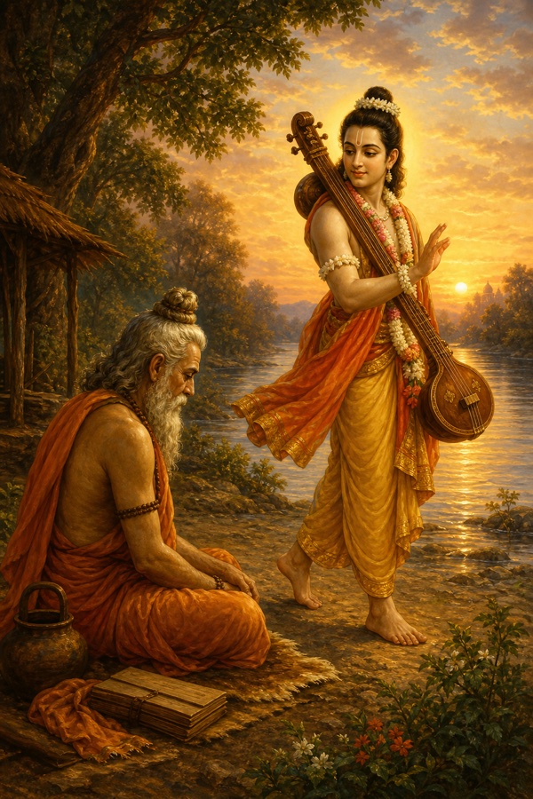 Narada standing with the veena slung over his shoulder, gently instructing the seated Vyasa to enter samadhi and remember the lilas of the Lord; Vyasa listening with bowed head; departure moment at the Sarasvati bank, the veena about to be played as Narada turns to leave; luminous painterly classical Indian color art, evening-gold light