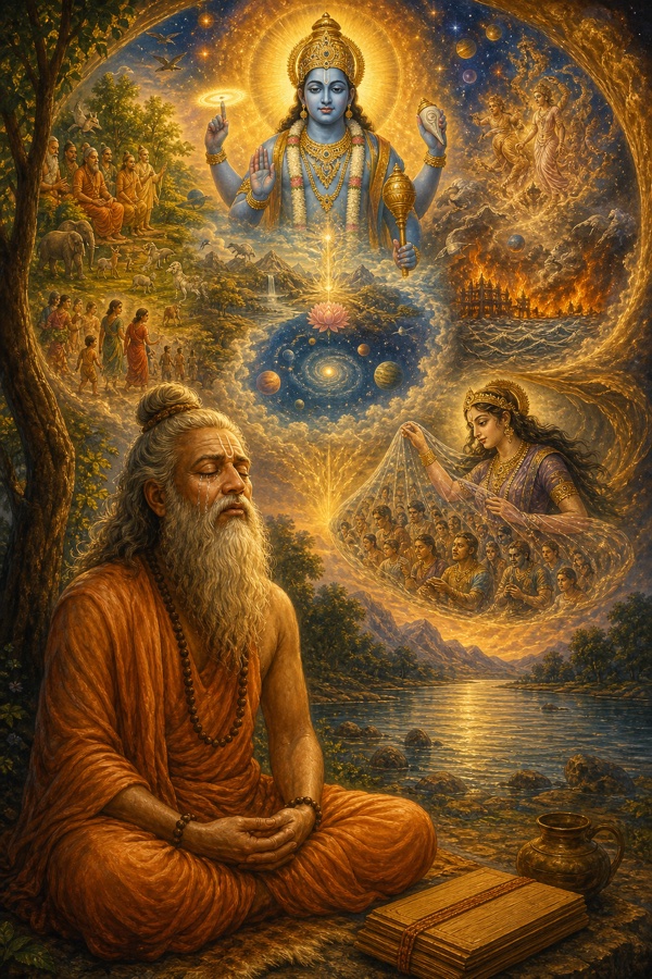 Vyasa in deep meditation on the riverbank, eyes closed, tears streaming, beholding in inner vision the supreme Purushottama Lord from whom the whole universe arises, abides and dissolves, and his own Maya by which beings forget the Lord; radiant blue divine form revealed within a halo of light beyond the silence; transcendent classical Indian color illustration, luminous gold and indigo