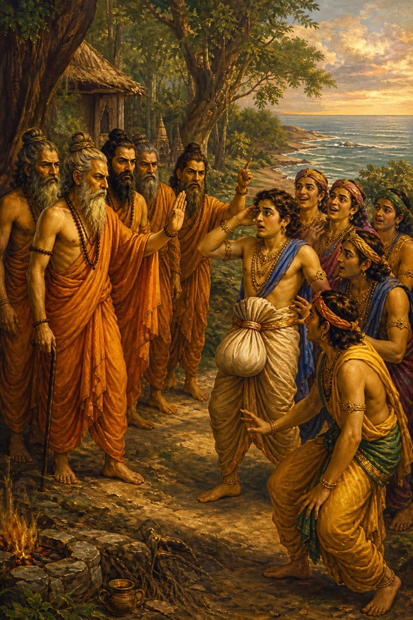 Rich painterly classical-Indian color illustration: a circle of furious bearded sages in ochre and saffron robes confronting a cluster of young Yadava men, one boy still wearing cloth wound about his belly to mimic a pregnant woman; the sages raise hands and utter the curse, eyes blazing, faces flushed with restrained anger, the youths' laughter freezing into dread; forest hermitage backdrop near the sea, warm earthen palette.