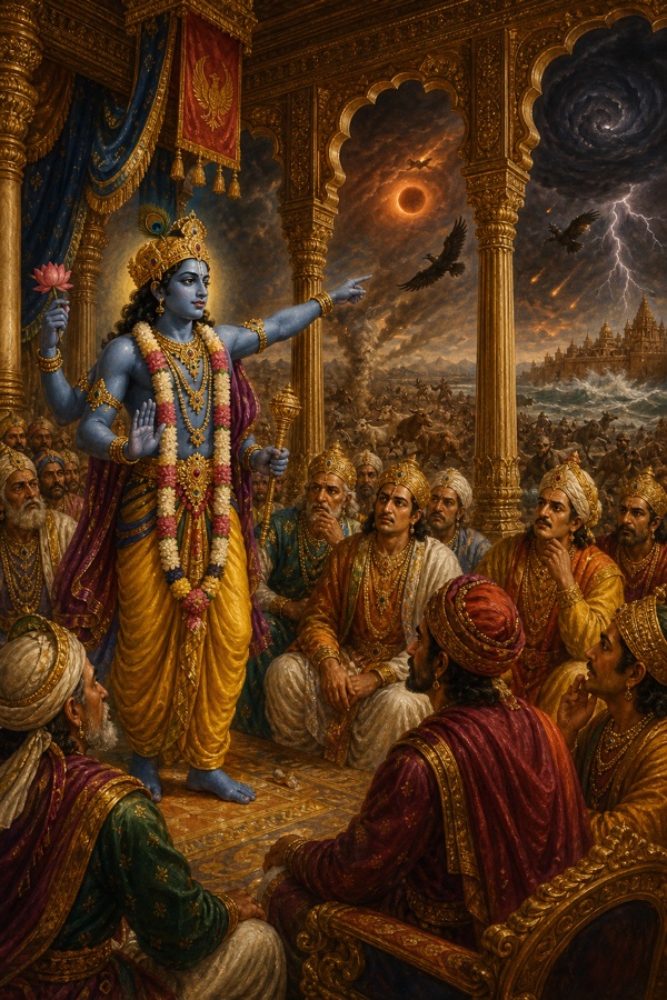 Rich painterly classical-Indian color illustration: dark-blue four-armed Krishna with yellow silk pitambara and vanamala standing in the ornate Sudharma assembly hall of Dwarka, addressing seated Yadava elders, gesturing toward windows where ominous portents fill sky, earth and air; troubled noble faces, golden pillars, sense of foreboding; jewel-tone palette of indigo, gold and crimson.