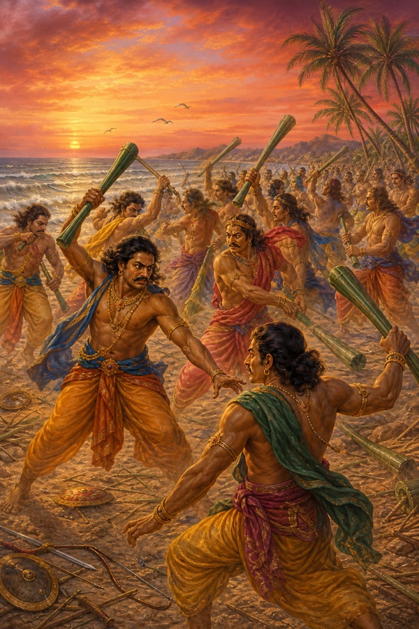Rich painterly classical-Indian color illustration on the Prabhasa seashore: drunken Yadava warriors, weapons spent and bows broken, tearing up eraka reeds that turn to iron pestle-clubs in their hands and striking one another in frenzied mutual slaughter, son against father, brother against brother; sea and red sky behind, scattered fallen bodies, chaotic violent energy in deep reds, ochres and stormy blues.