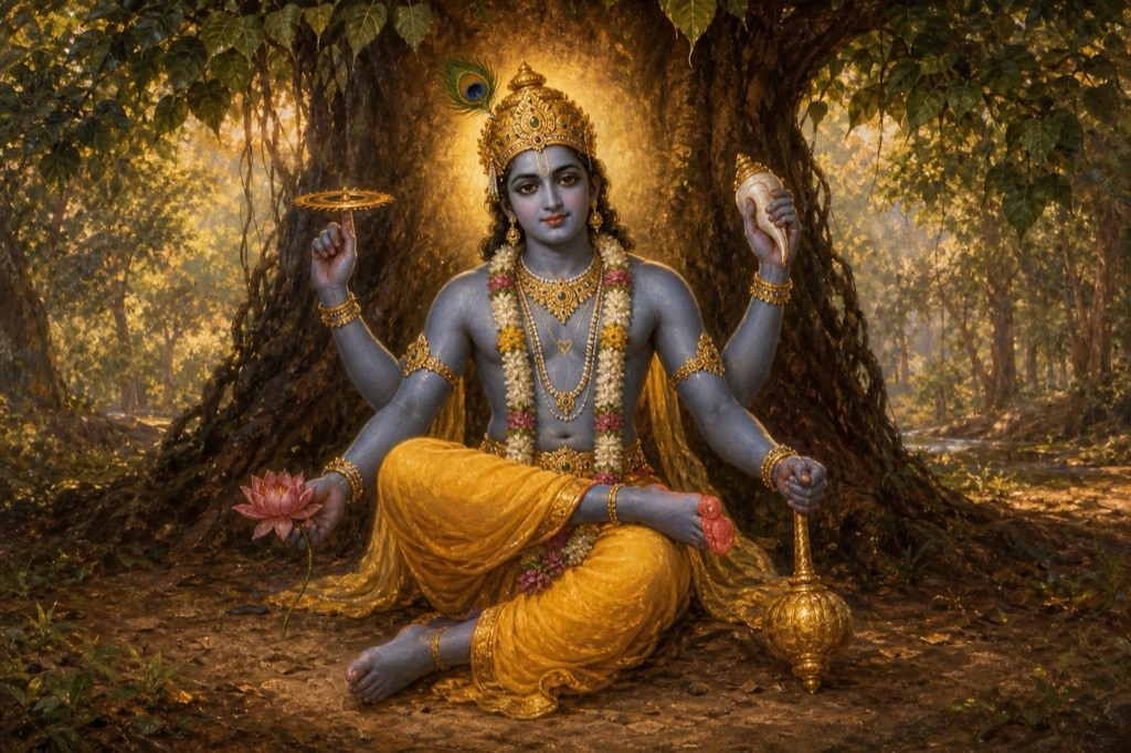 Rich painterly classical-Indian color illustration: serene four-armed Krishna, rain-cloud dark with the Shrivatsa mark, silken yellow pitambara and forest-flower garland, radiant like smokeless fire, seated calmly on the earth beneath a peepal tree, his left foot resting on his right thigh with the reddish sole glowing like a red lotus; quiet forest glade, soft golden divine aura, peaceful contemplative mood.