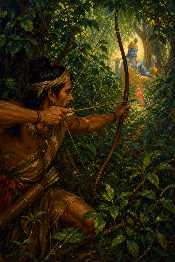 Rich painterly classical-Indian color illustration: the hunter Jara, a lean tribal bowman in simple garb, crouched in distant forest thicket drawing back his arrow whose tip bears the small embedded iron sliver, taking aim at what he mistakes for a deer's face glimpsed through the leaves; in the far background the seated dark four-armed Krishna's glowing reddish sole peeks from behind foliage; tense dappled-green forest, warm earthy palette.