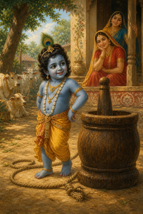 Toddler Krishna (Kanha), a small dark-blue baby with a peacock-feather tuft and yellow dhoti, a thick rope tied around his waist trailing to a heavy wooden grinding mortar (ukhal), straining to drag the mortar across the dirt courtyard of Nanda's home; the dragging mortar carves a long furrow in the earth behind it; warm Gokul morning light, classical Indian miniature painting style, rich color