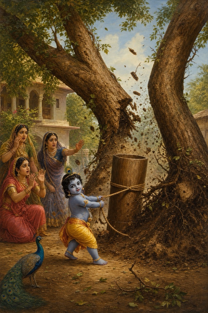 Baby Krishna, the wooden mortar wedged sideways between two tall twin arjuna trees, having jerked the rope so the two trees crash down uprooted with a thunderous roar, their trunks, branches and every leaf trembling as they topple to the ground; back garden of Nanda's house, dust rising; vivid color classical Indian illustration