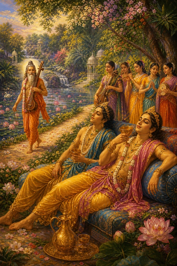 The two proud celestial brothers Nalakubara and Manigriva, intoxicated on Varuni wine, sporting in the lotus-filled Mandakini Ganga waters with many young women singing and playing instruments, in a beautiful garden grove of Mount Kailasa; sage Narada walking past on the path nearby; lush classical Indian painting, full color, no Radha