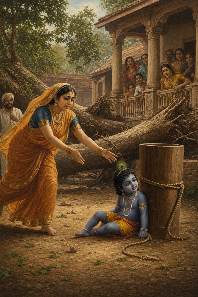 Mother Yashoda, frantic, rushing in to find the two huge fallen uprooted trees on the ground and between them her little boy Krishna, still tied to the wooden mortar by the rope, sitting unharmed in the dirt playing as if nothing happened; her hands trembling with relief; warm courtyard of Nanda's home, rich color classical Indian illustration