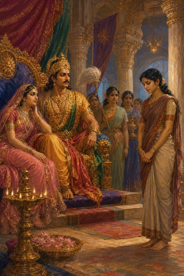Rich painterly classical-Indian color illustration: the crowned, strong-armed King Yayati in his palace court with his two queens, the brahmin sage Shukra's daughter Devayani richly robed beside him, and Sharmishtha (the Daitya king Vrishaparva's daughter, now a serving maid) standing apart in plainer dress among attendant maidservants; warm regal palace setting with pillars and lamps, jewel tones, gold borders.