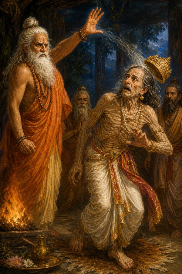 Rich painterly classical-Indian color illustration: the wrathful white-bearded sage Shukracharya, hand raised in curse, pronouncing decrepit old age upon Yayati; the king's once-youthful body visibly withering into a trembling, wrinkled, gaunt old man, skin loosening on his bones, his crown slipping, terror on his face; dramatic ashram interior, dark storm-blue shadows against firelit ochre, intense expressions.