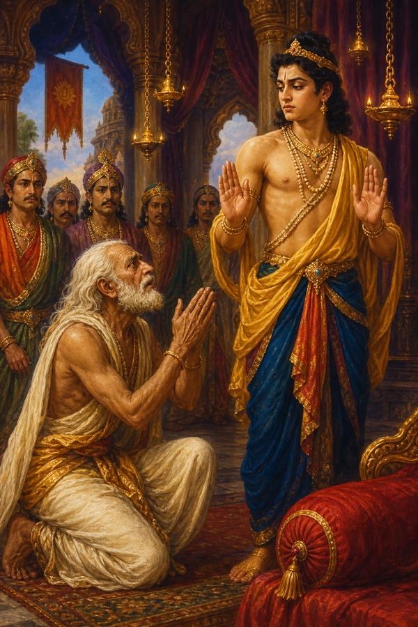 Rich painterly classical-Indian color illustration: the aged, white-haired, stooped Yayati seated and pleading with his eldest son Yadu (Devayani's elder boy), a strong upright youth who shakes his head in refusal and lifts his own young palms; palace hall with hanging lamps, contrast between the father's withered frame and the son's vigorous youth, warm jewel-toned palette, courtly detail.