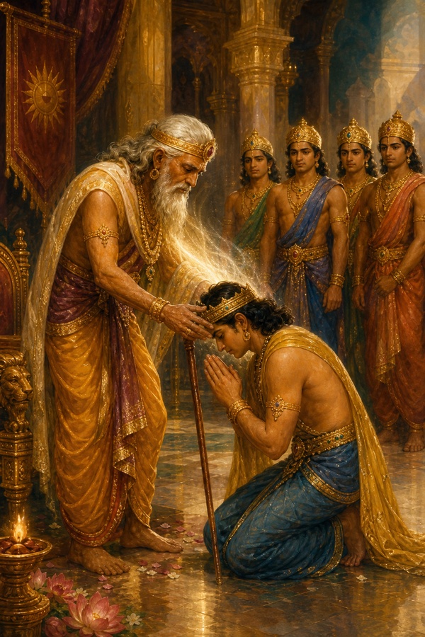 Rich painterly classical-Indian color illustration: the youngest son Puru (Sharmishtha's youngest, noblest of the five) bowing humbly before the aged stooped Yayati, accepting his father's old age with folded hands and serene devotion; tender father-son moment, the youth's straight back beginning to bend as vigor transfers, warm golden palace light, soft devotional mood, classical ornamentation.