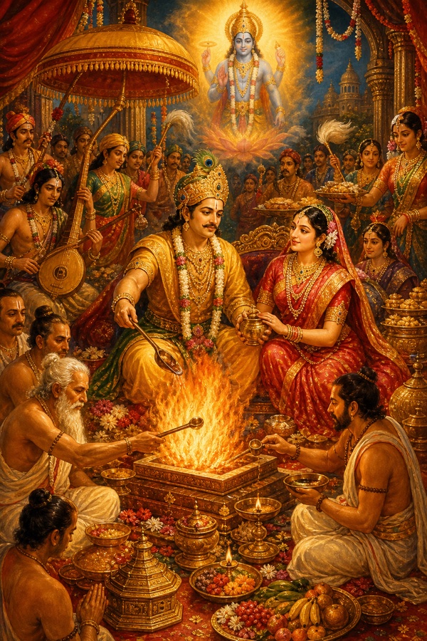 Rich painterly classical-Indian color illustration: the rejuvenated youthful King Yayati through a thousand years of indulgence, performing a grand fire-sacrifice (yajna) to Lord Sri Hari with lavish gifts as brahmins pour oblations, while attending lovingly to his beloved queen Devayani amid music, feasting and palace luxury; opulent vermilion-and-gold scene, sacrificial fire, garlands, classical splendor.