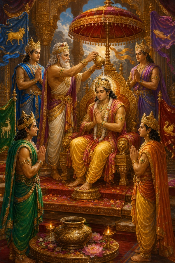 Rich painterly classical-Indian color illustration: the now-again-aged Yayati apportioning his kingdom by directions to his sons and consecrating the youngest, worthiest Puru on the royal throne with anointing waters, the four elder brothers (Druhyu, Yadu, Turvasu, Anu) standing in their assigned directions in homage; coronation pageantry, parasol over Puru, banners, gold and crimson regalia, classical court grandeur.