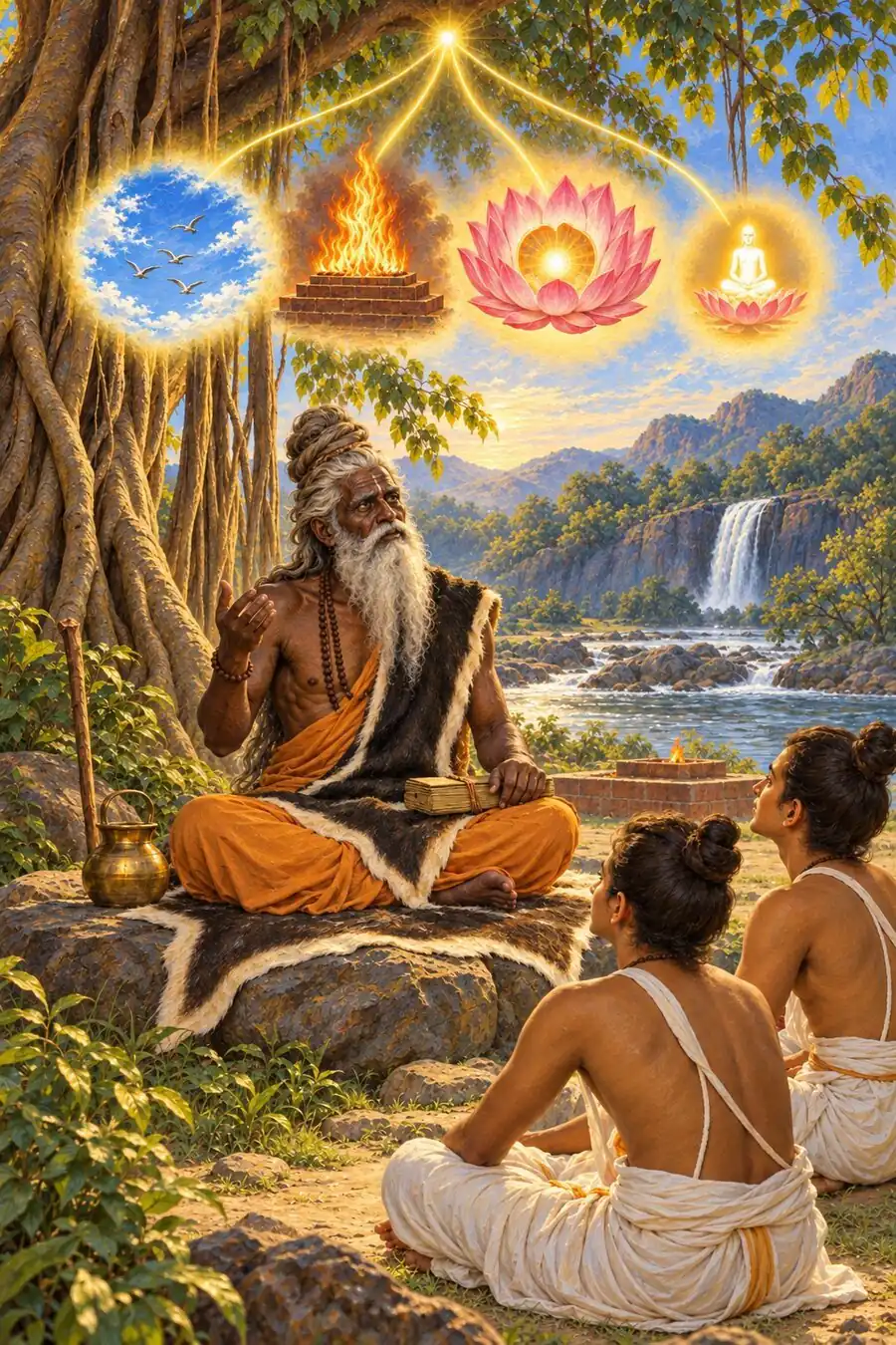 बरगद के नीचे बैठे बादरायण-व्यास खुली हथेली उठाए हैं; ऊपर खुला आकाश, वैश्वानर अग्नि, हृदय-कमल और अँगूठे-भर का ज्योति-पुरुष, चारों की किरणें एक ही प्रकाश-बिन्दु में जा मिलती हैं