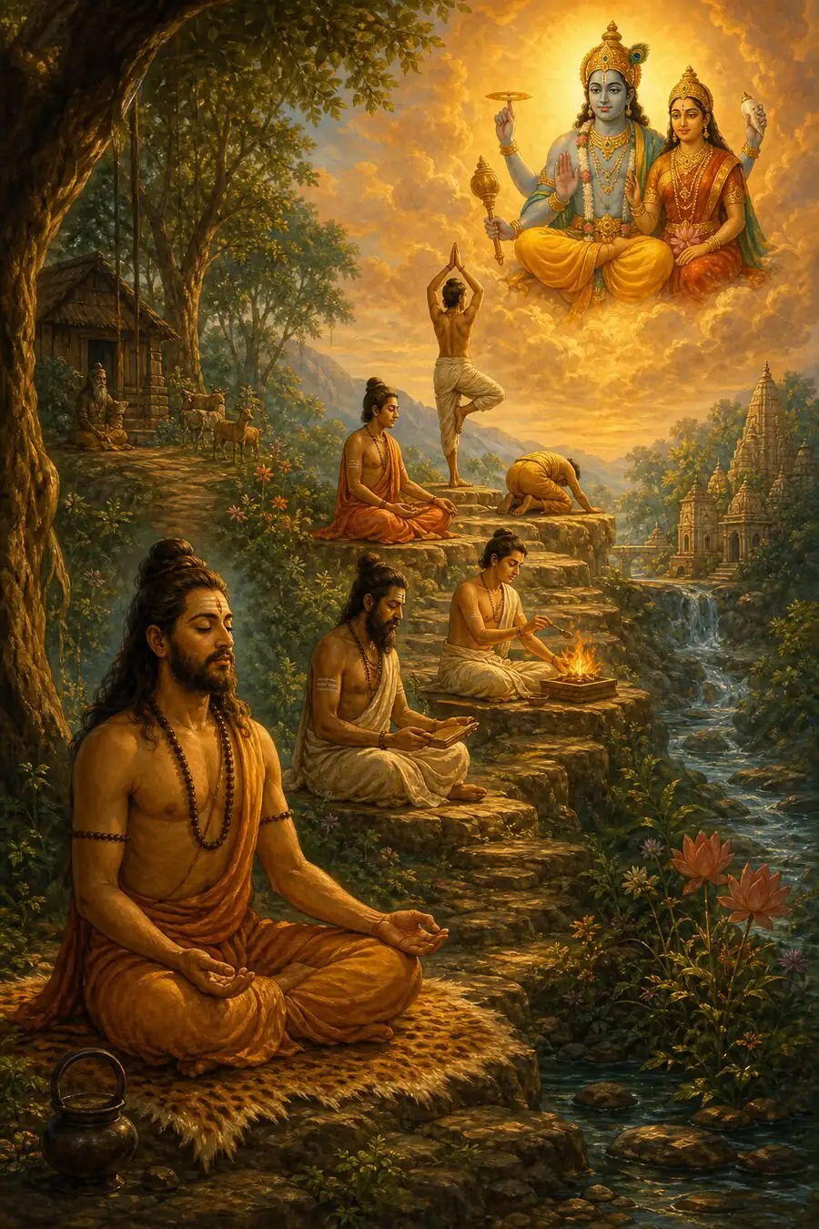 अग्रभूमि में एक साधक ध्यान में बैठे हैं, पीछे सीढ़ियों पर कोई आसन कर रहा है, कोई हवन कर रहा है, ऊपर बादलों में विष्णु और लक्ष्मी विराजमान हैं।
