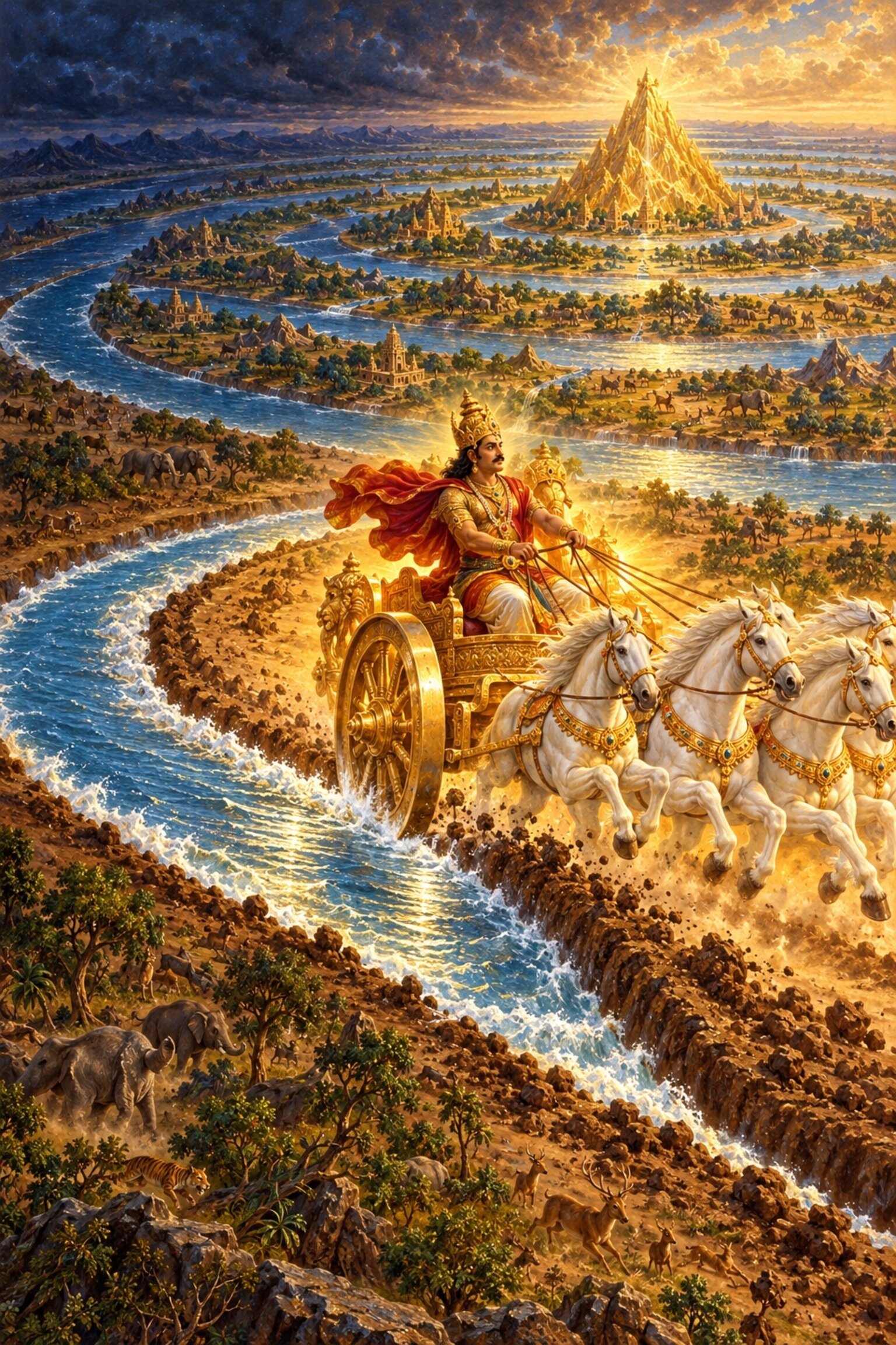 King Priyavrata circles the earth on a sun-bright chariot, and the ruts of his wheels fill with water to become the oceans.