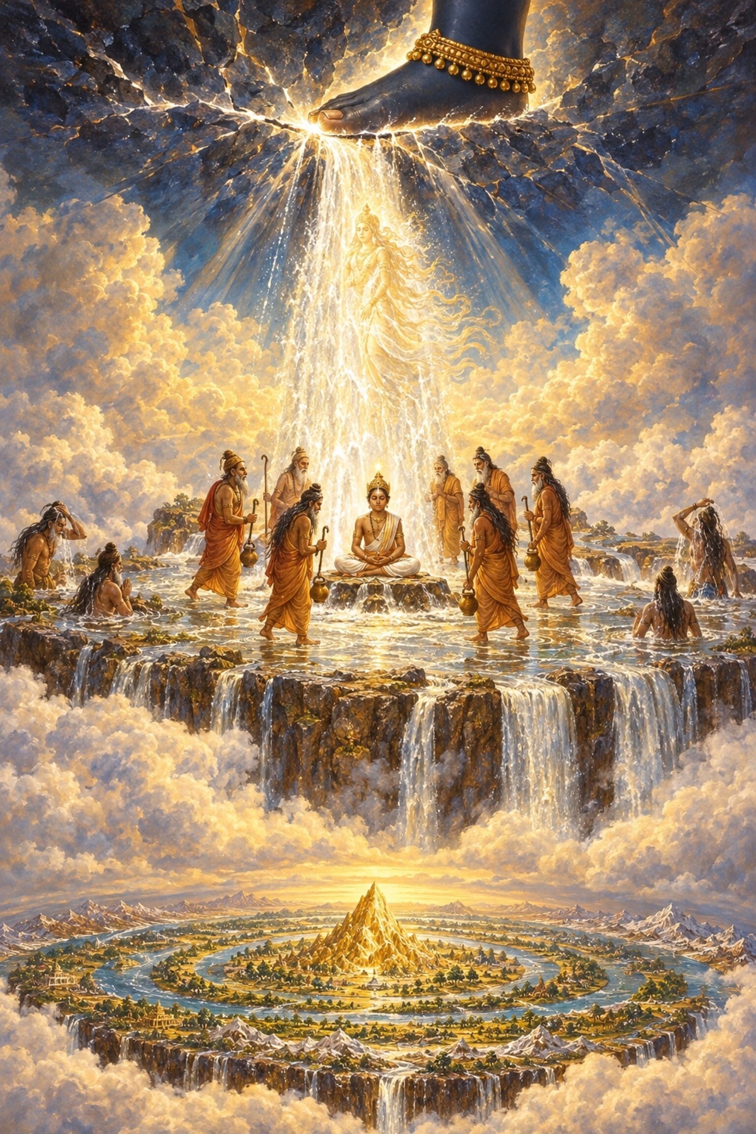 Vishnu's toenail pierces the cosmic egg and the Ganga comes down to Vishnupada, where Dhruva sits and the seven sages circle him.