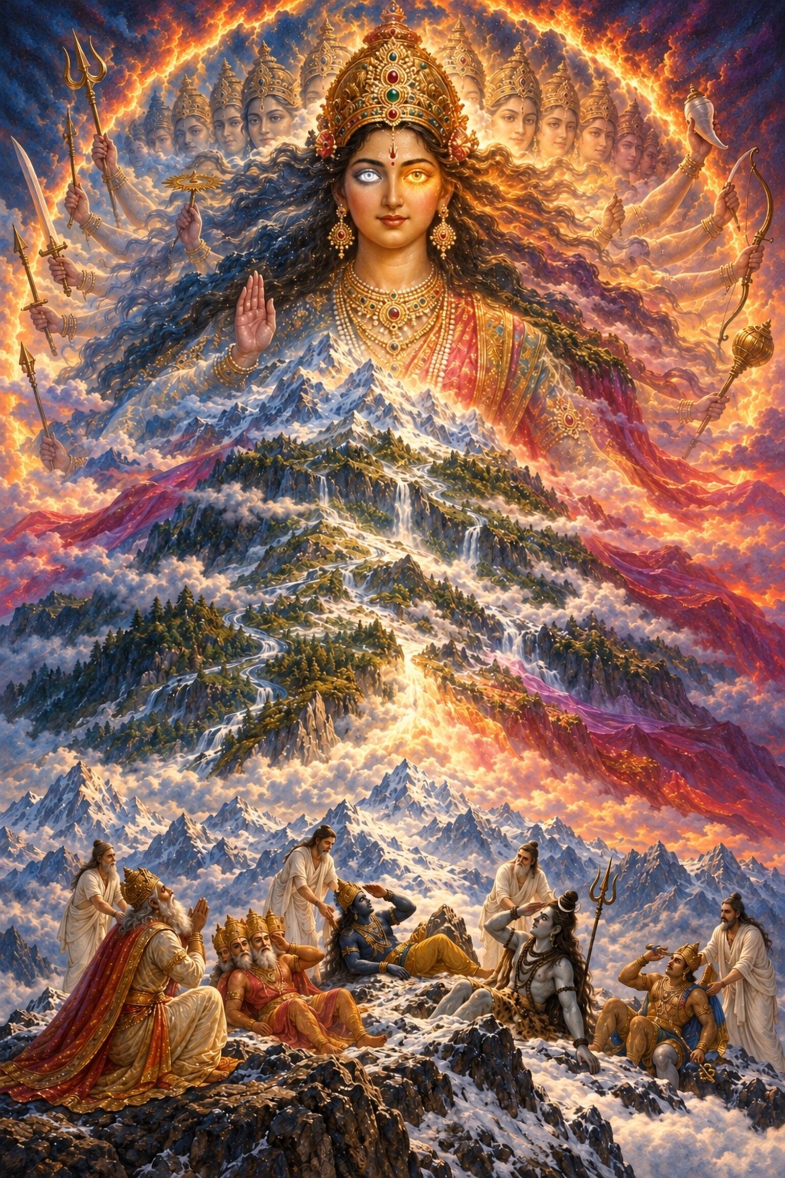 The Devi shows her Virat form on the Himalaya, sun and moon her eyes, rivers her veins, as the gods fall swooning before it.