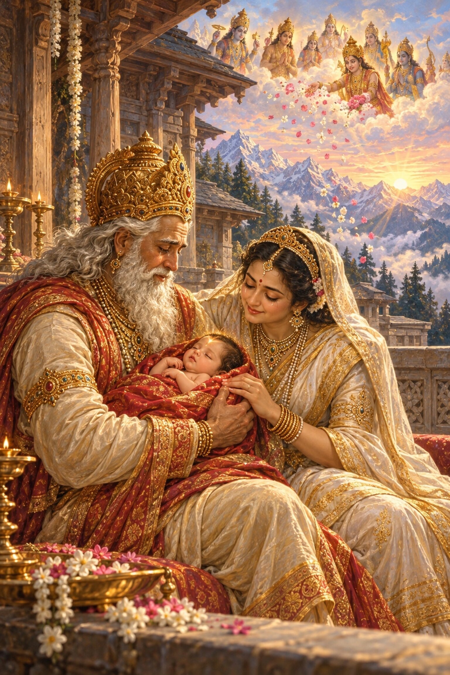 The aged Himavan and his queen gaze at the radiant infant Gauri in their arms as the gods rain flowers on the snow peaks.