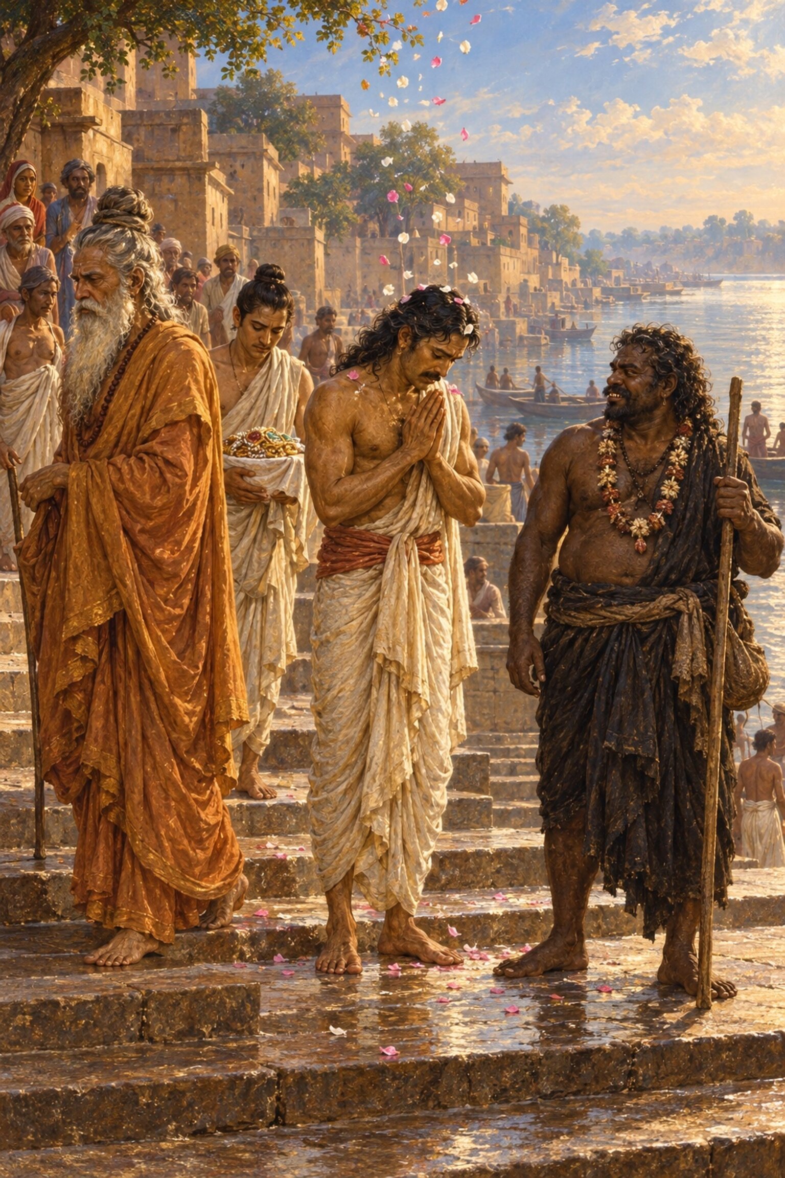 In Kashi flowers rain on Harishchandra, sold to a chandala, as Vishwamitra takes the price and the chandala looks him over.