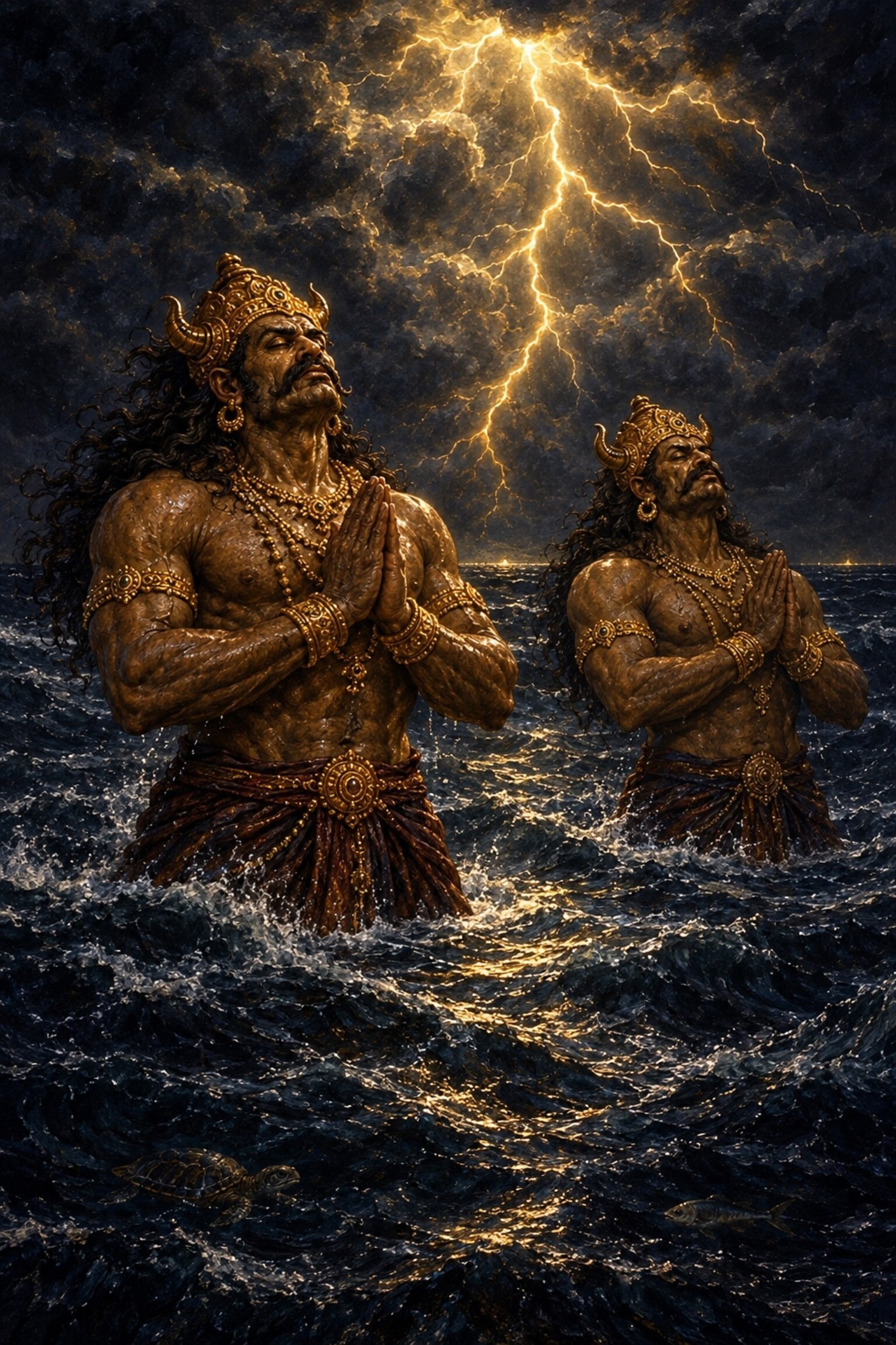 Madhu and Kaitabha stand waist-deep in the ocean of dissolution in tapas as a lightning flash splits the black sky above.