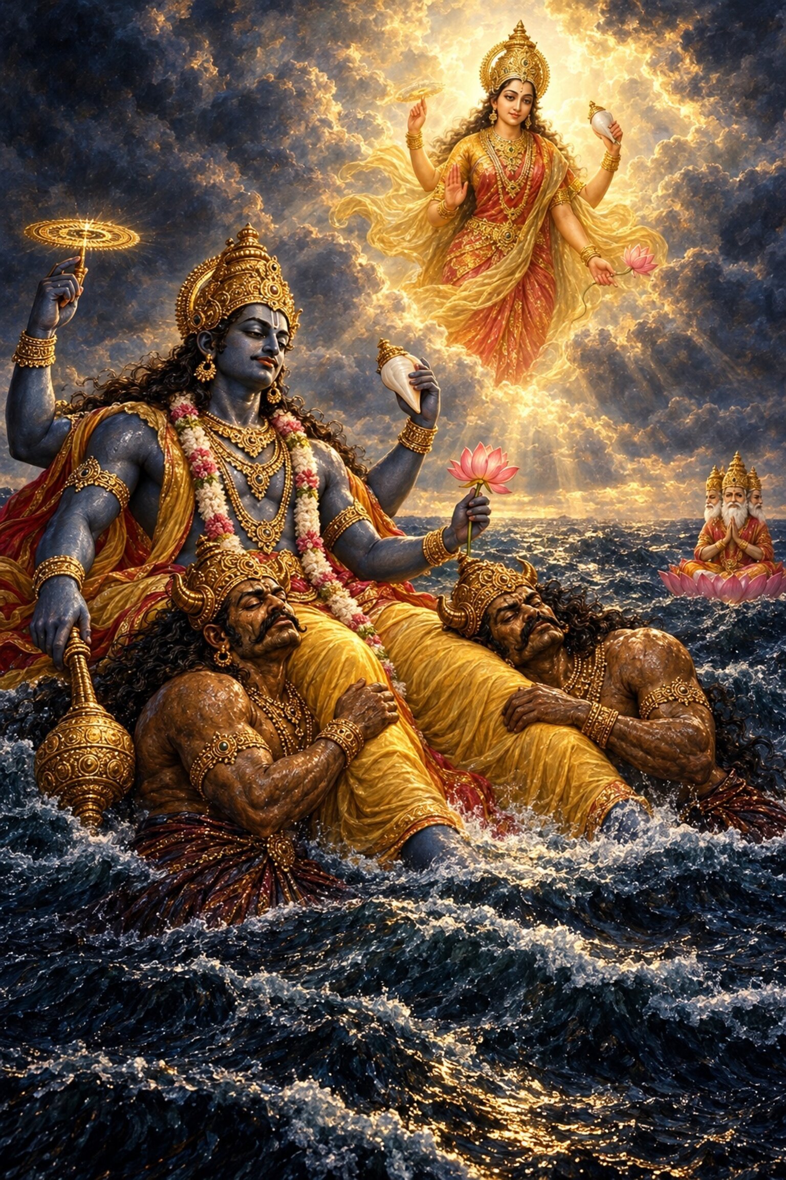 Madhu and Kaitabha lay their heads on Vishnu's thighs spread over the water as the Sudarshana blazes in his hand.