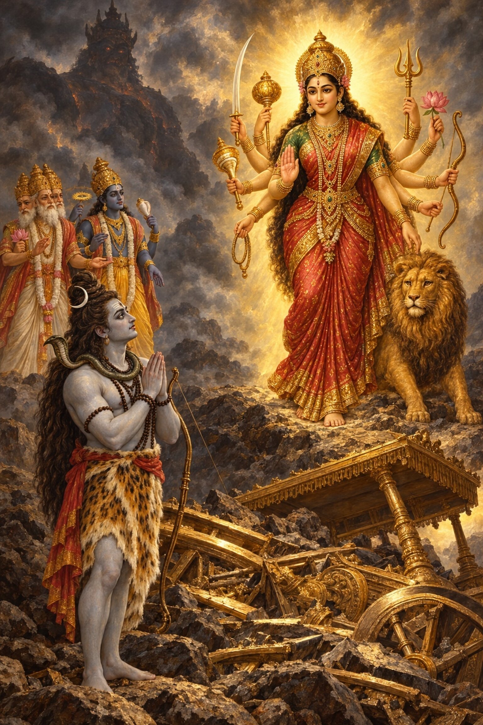 Thrown from the sky by Tripurasura, Shiva praises the Devi with joined palms, and Mangalachandi appears to reassure him.