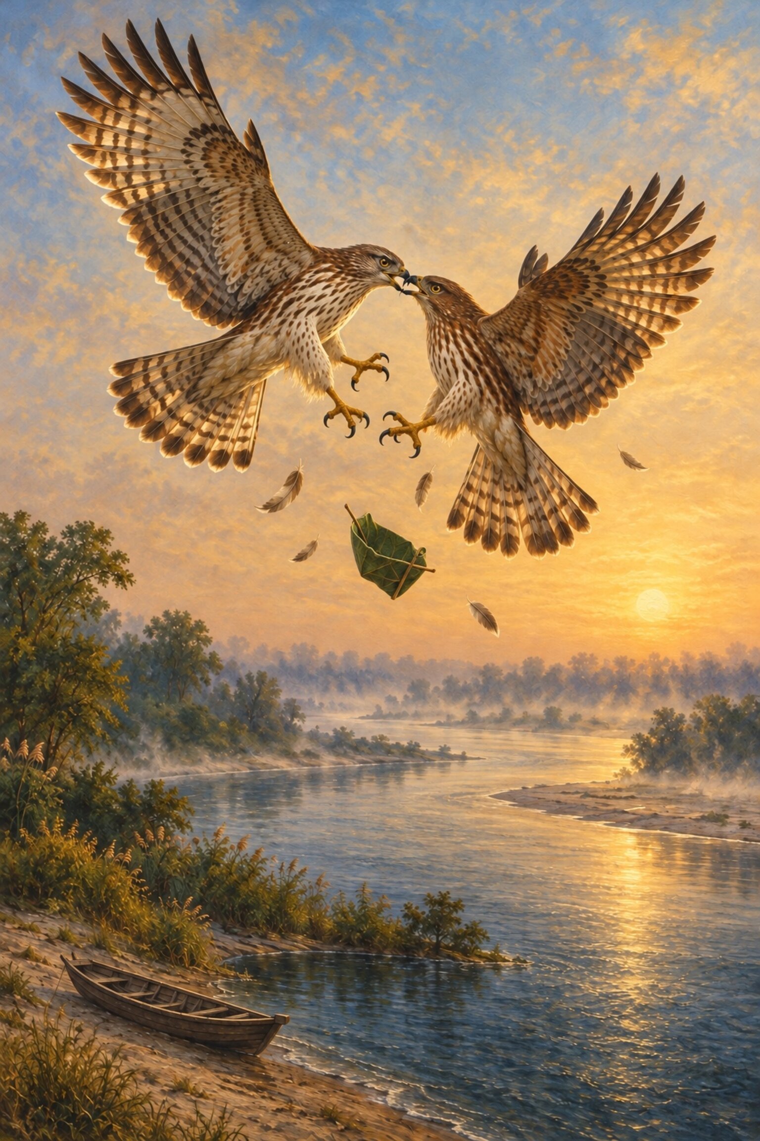 High over the Yamuna two hawks fight beak to beak, and the leaf cup King Uparichara Vasu sent falls toward the river.