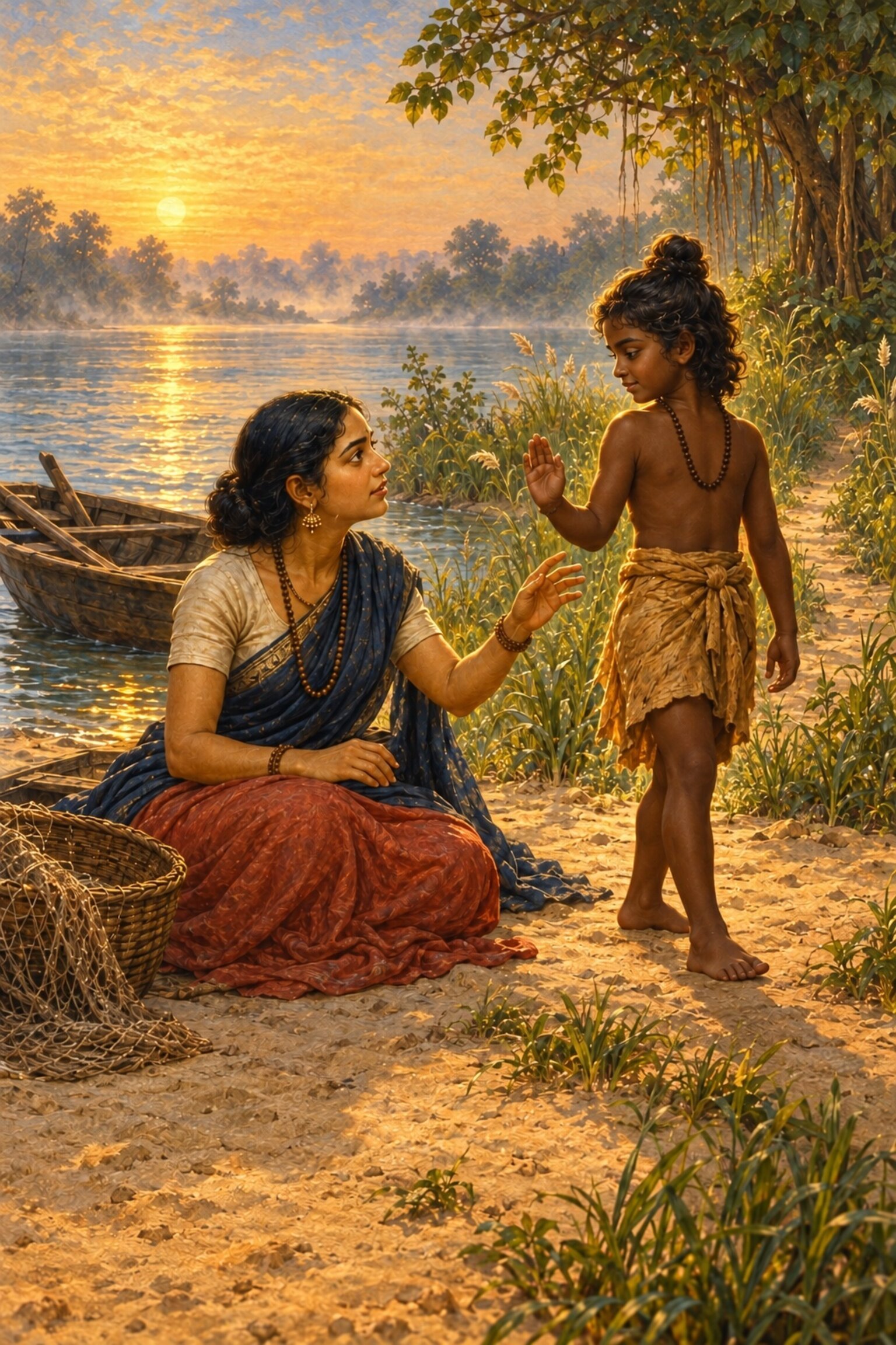 On an island in the Yamuna the radiant newborn Dvaipayana raises his hand and speaks to his astonished mother Satyavati.